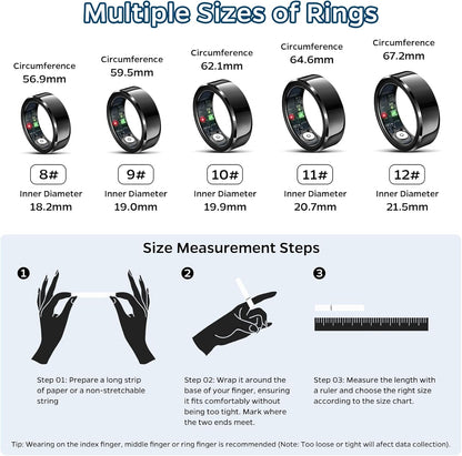 Smart Ring Health Tracker, Sleep Tracker Ring with Heart Rate, Waterproof Fitness Ring for Activity Monitoring/Steps/Distance/Calories, Air Gestures,Up to 7-Day Battery, for Ios and Android (Black,#9)